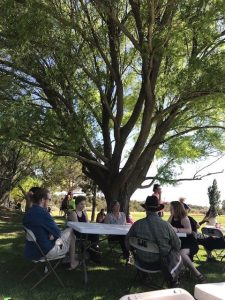 A few folks enjoyed sitting at the picnic tables while watching the kickball game.