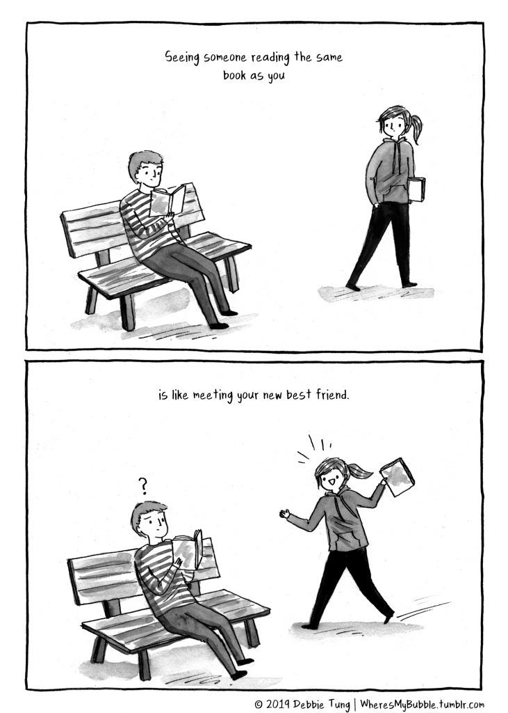 A meme showing a person with a ponytail joining another person reading on a bench, with text saying "seeing someone reading the same book as you is like meeting your new best friend".